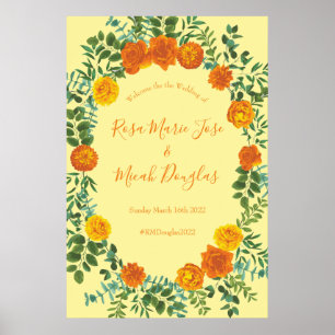 Orange & Light Yellow Peony & Rose Floral Wedding Poster