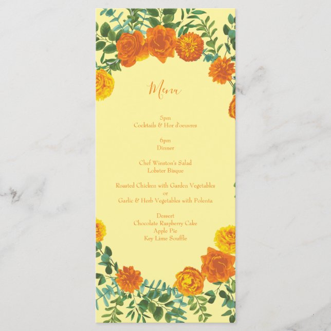 Orange & Light Yellow Peony & Rose Wedding Menu (Front)