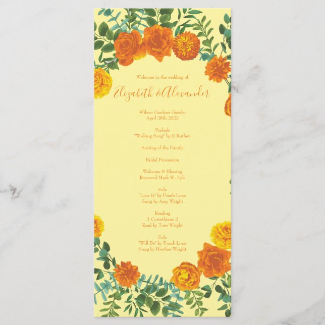 Orange Light Yellow Peony Rose Wedding Programs Menu (Front)