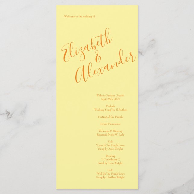 Orange Light Yellow Peony & Rose Wedding Programs Menu (Front)
