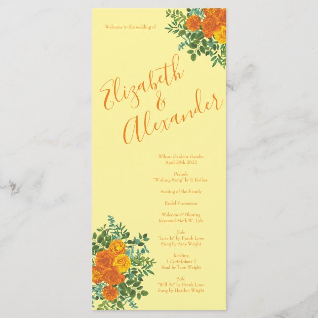 Orange Light Yellow Peony Rose Wedding Programs Menu (Front)