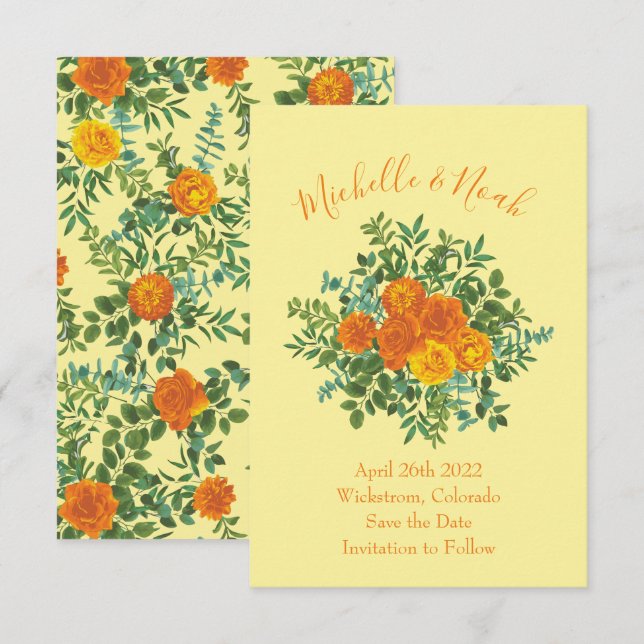 Orange & Light Yellow Peony Rose Wedding Save Date Invitation (Front/Back)