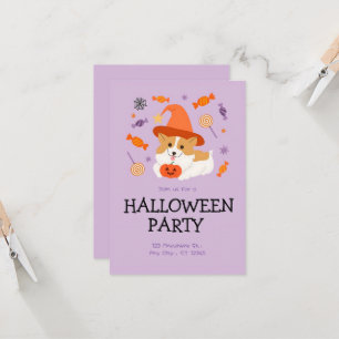 Orange & Lilac Cute Dog Halloween Party Invitation