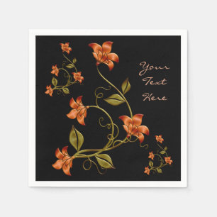 Orange Lillies Floral Pattern Black Napkins
