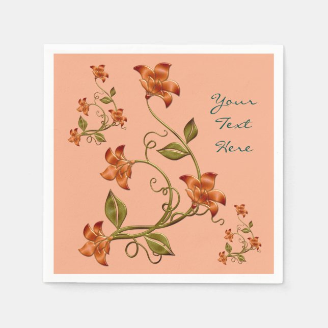 Orange Lillies Floral Pattern Peach Napkins (Front)