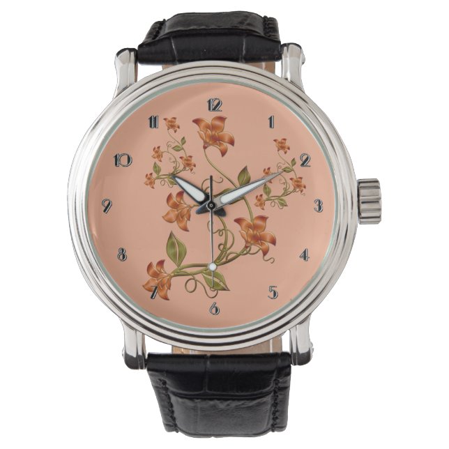 Orange Lillies Floral Pattern Peach Wrist Watch (Front)