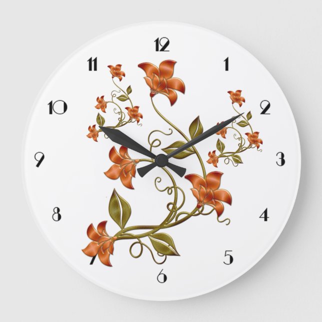 Orange Lillies Floral Pattern Wall Clock (Front)