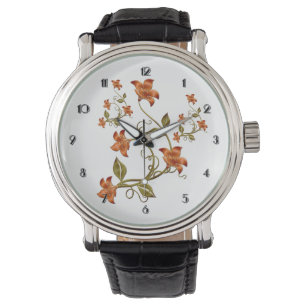 Orange Lillies Floral Pattern Wrist Watch