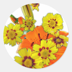 orange lily and daisy flowers classic round sticker