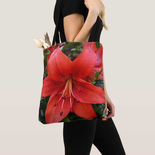 Orange Lily Bloom Floral Tote Bag (Close Up)