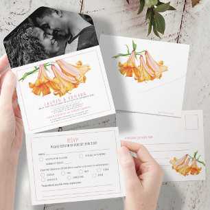 Orange lily botanical art wedding RSVP options All In One Invitation