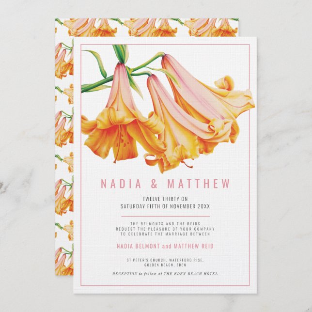 Orange lily flower watercolor wedding invitation (Front/Back)