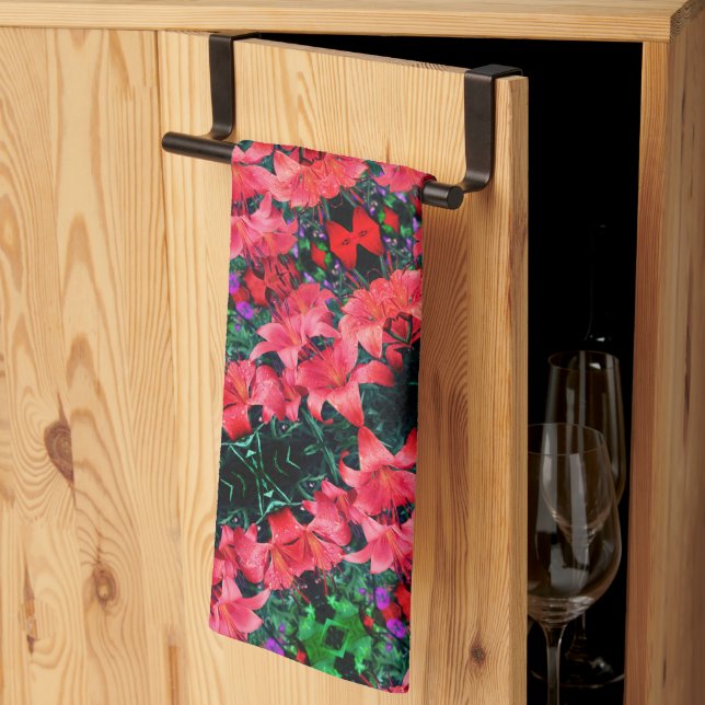 Orange Lily Flowers Abstract Art Pattern      Tea Towel (Thirds Fold)