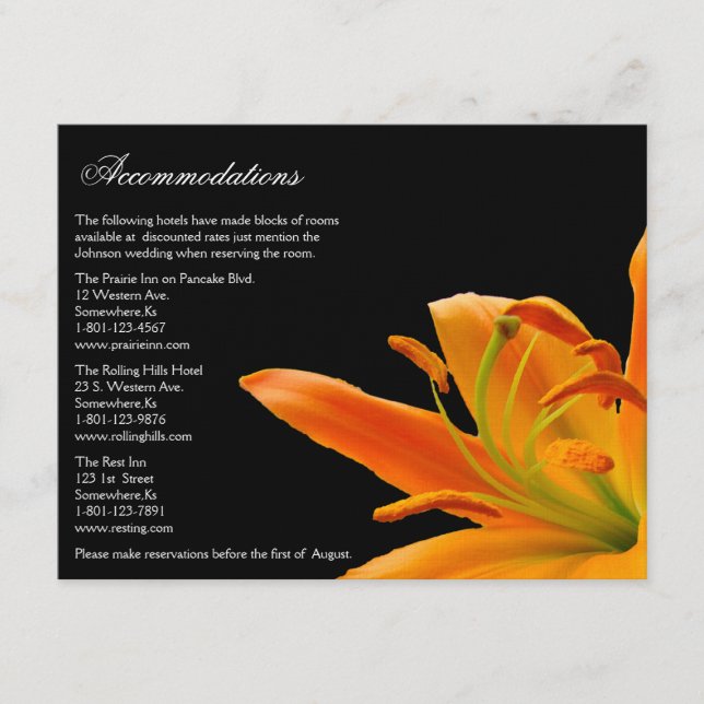 Orange Lily Wedding  Accommodation cards (Front)