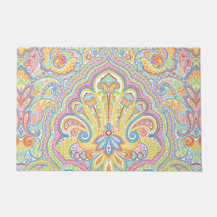 Orange Lime Green Pink Paisley Floral Art Motif Doormat