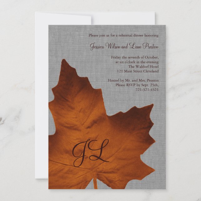 Orange Linen Monogrammed Rehearsal Dinner Invitation (Front)