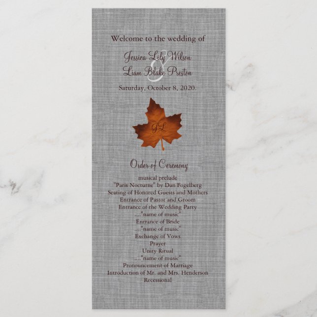 Orange Linen Monogrammed Wedding Program Programme (Front)