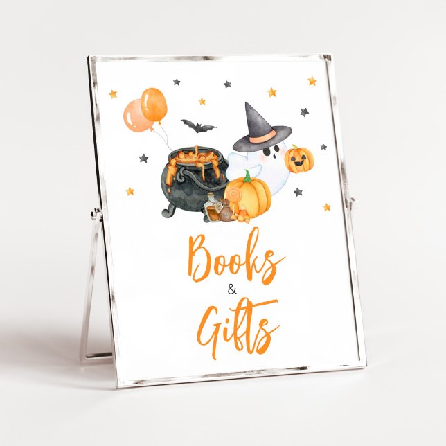 Orange Little Boo Baby Shower Books and Gifts Poster (Ghost Halloween Baby Shower Books and Gifts Sign)