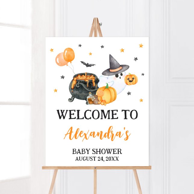 Orange Little Boo Ghost Baby Shower Welcome Poster (Ghost Halloween Baby Shower Welcome Sign)