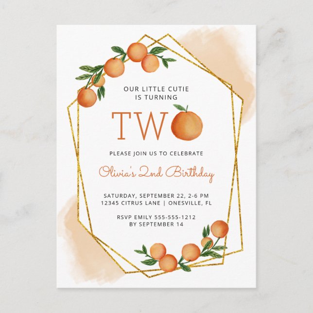 Orange Little Cutie Citrus 2nd Birthday Party Invi Postcard (Front)
