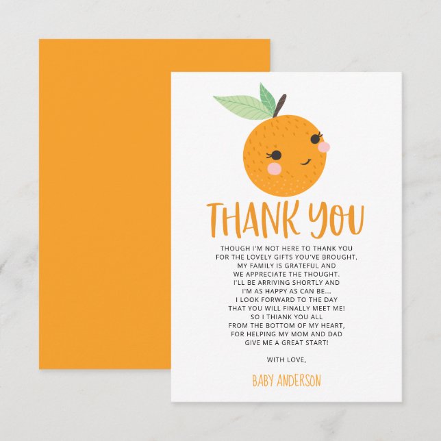 Orange Little Cutie Citrus Baby Shower Thank You  Invitation (Front/Back)