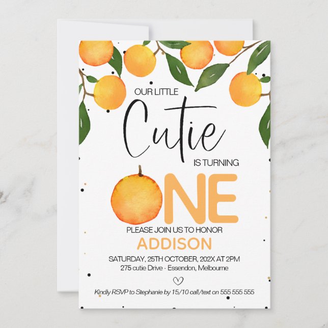 Orange Little Cutie First Birthday Invitation (Front)