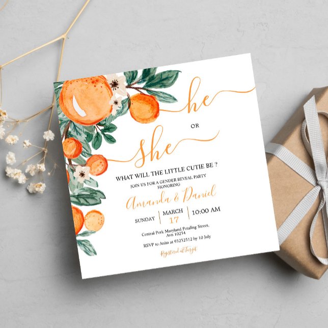 Orange Little Cutie He or She Gender Reveal Invitation (Creator Uploaded)