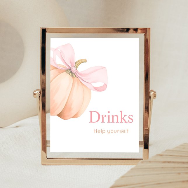 Orange Little Pumpkin Bow Drinks Sign (Bow Pumpkin Baby Shower Drinks Sign)