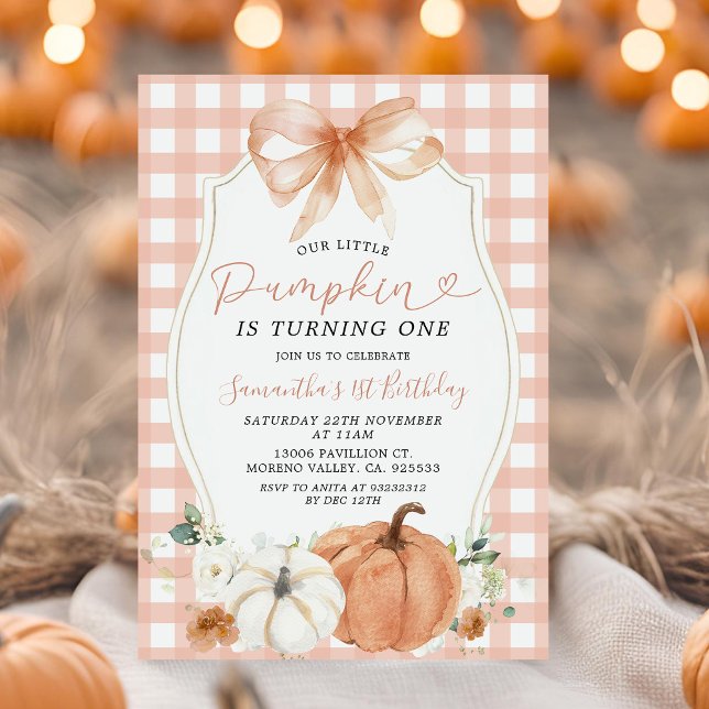 Orange Little Pumpkin Fall Gingham First Birthday Invitation (Creator Uploaded)