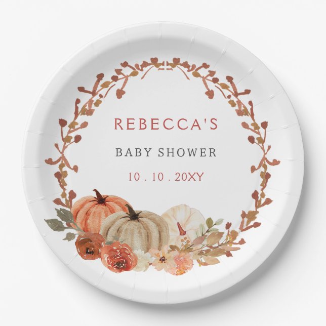 Orange Little Pumpkin Gender Neutral Baby Shower Paper Plate (Front)