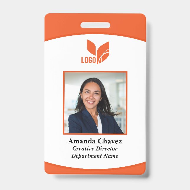Orange Logo Photo Barcode Employee  ID Badge (Front)