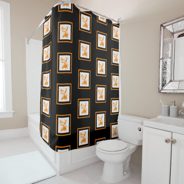 Orange Longhorn Steer with Cowboy Hat Black Trim Shower Curtain (In Situ)