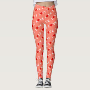 Orange LOVE and Red Heart Pattern Elegant Romantic Leggings