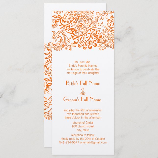 Orange Love Bird Lace Pattern Wedding Invitation (Front/Back)