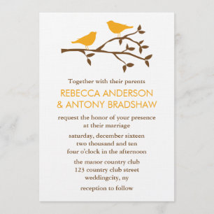 Orange Love Birds on a Branch Wedding Invitation