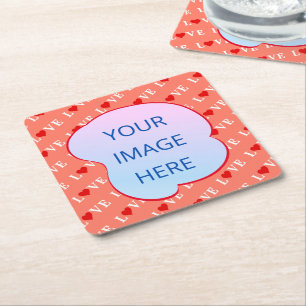 Orange LOVE Heart Square Paper Coaster