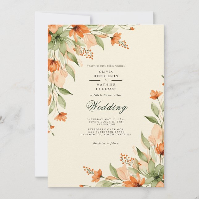 Orange Luminous Botanical Wedding Invitation (Front)