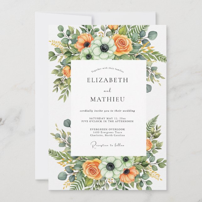 Orange Lush Botanical Wedding Invitation (Front)