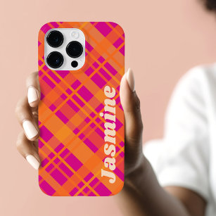 Orange magenta plaid pattern custom name iPhone 13 pro case