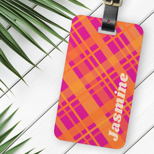 Orange magenta plaid pattern custom name luggage tag