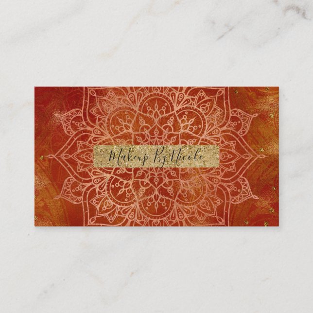 Orange Mandala & Gold Glam Modern Chic Business Card (Front)
