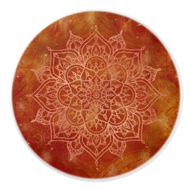Orange Mandala & Gold Glam Modern Chic Ceramic Knob (Front)
