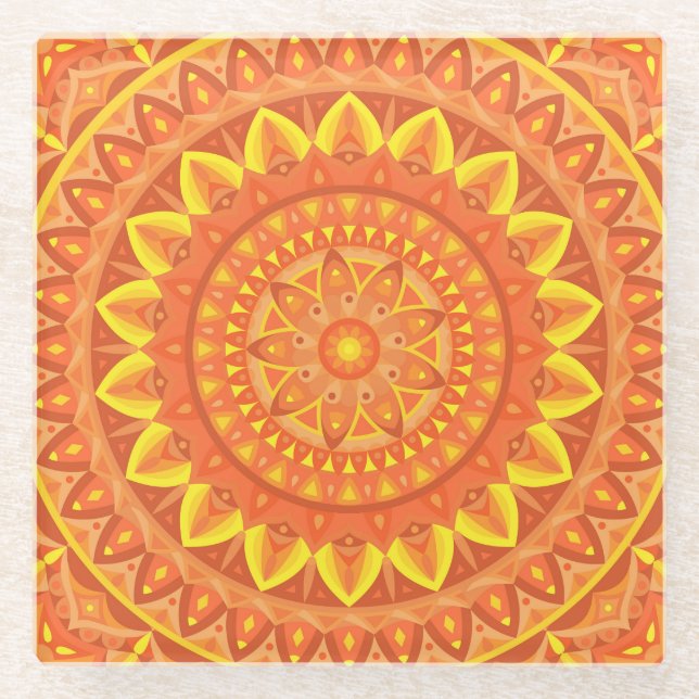 Orange Mandala Warm Boho Pattern Vibrant Design Glass Coaster (Front)