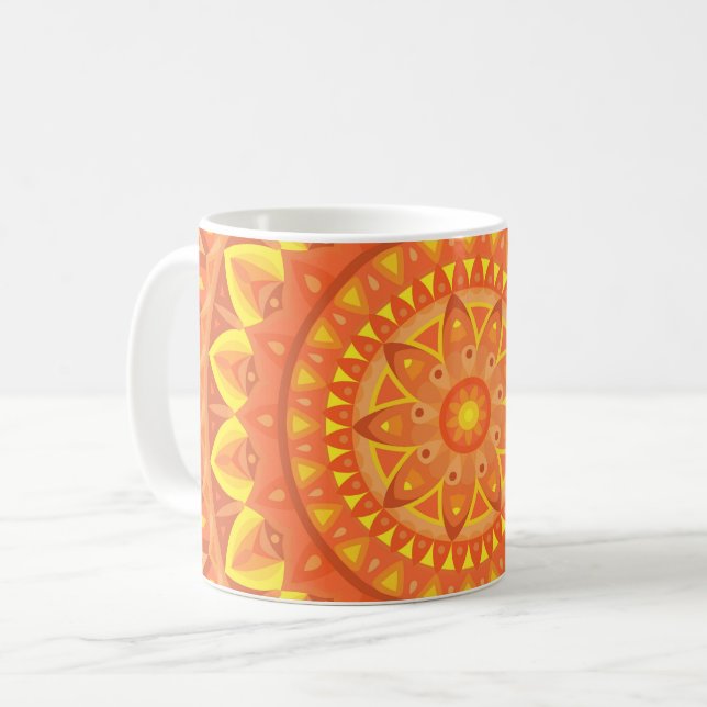 Orange Mandala Warm Boho Vibrant Geometric Pattern Coffee Mug (Front Left)