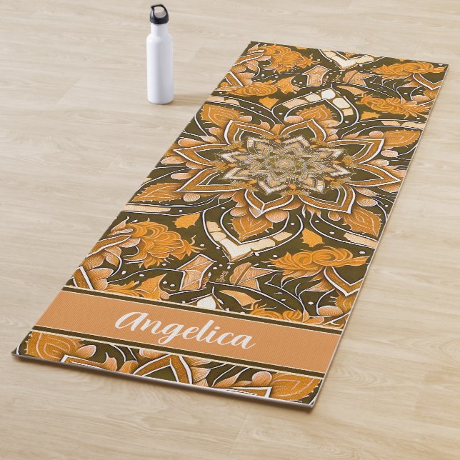 Orange Mandala Yoga Mat with Customisable Name (In Situ)