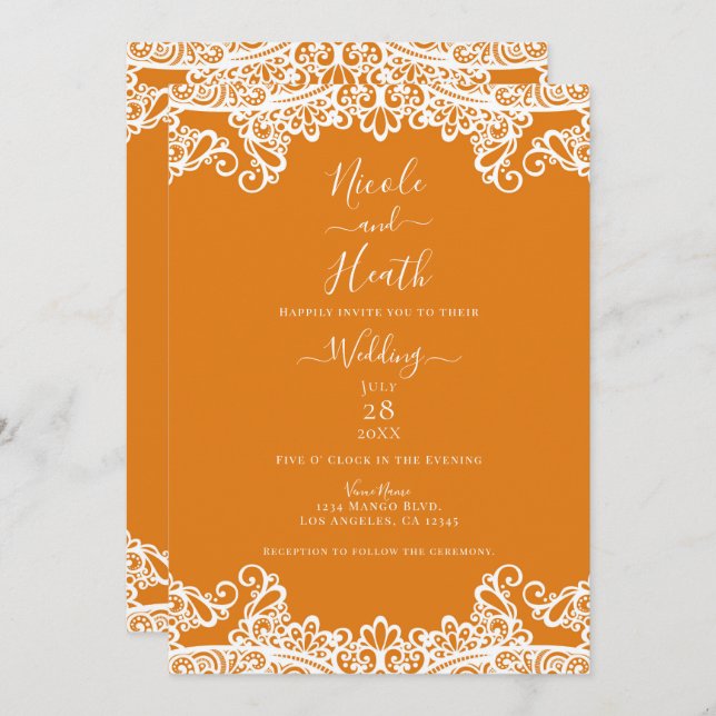Orange Mango & White Lace Elegant Wedding  Invitation (Front/Back)