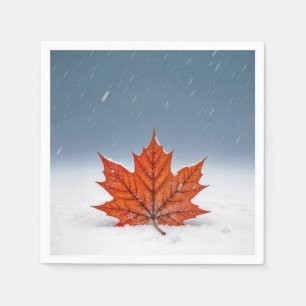 Orange Maple Leaf On Fresh Snow Napkin