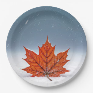 Orange Maple Leaf On Fresh Snow  Paper Plate