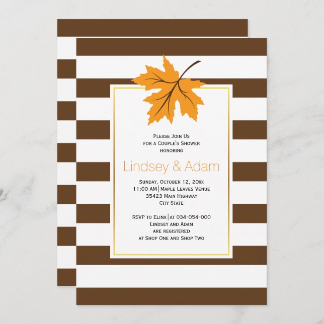 Orange maple leaf & stripes wedding couples shower invitation (Front/Back)