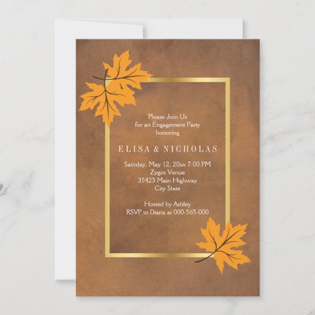 Orange maple leaves brown wedding engagement party invitation (Front)